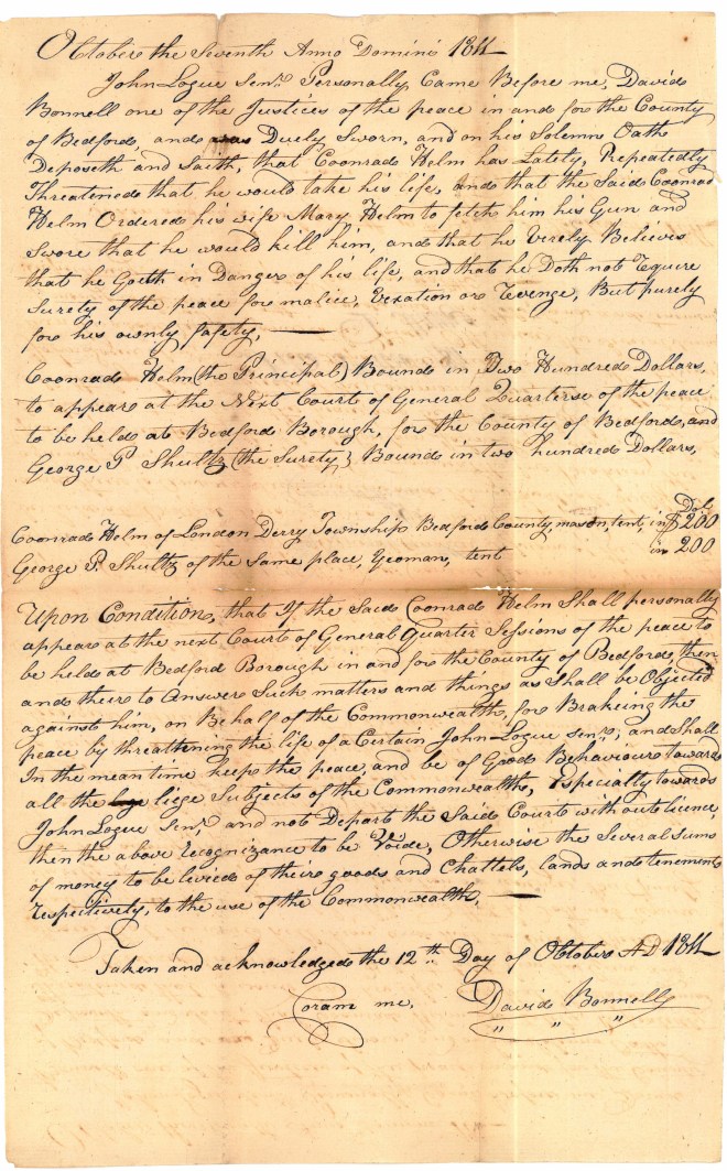 John LOGUE Bedford County PA 1811 Court Document BOND FOR C