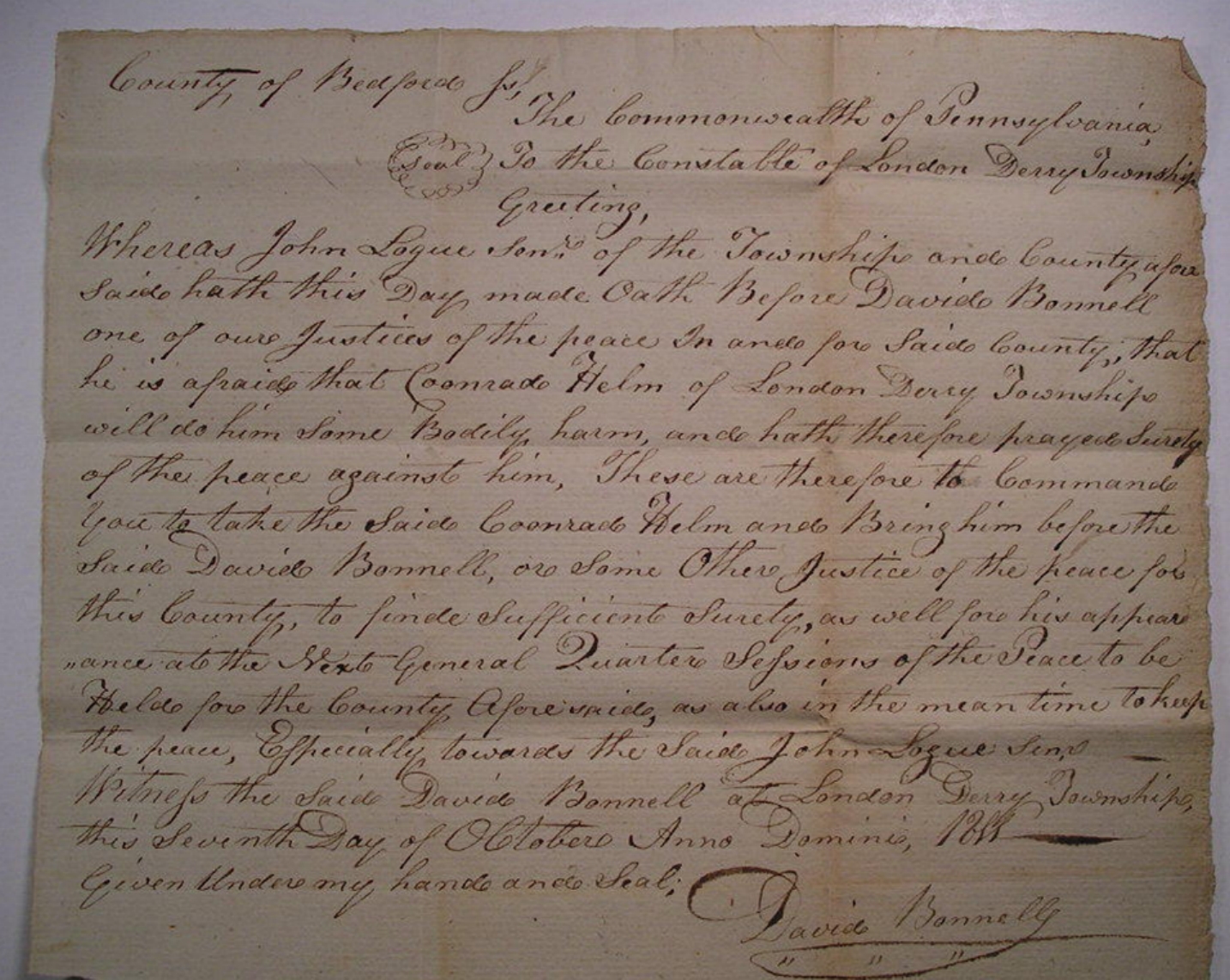 John LOGUE of Bedford County PA Court Document 1811 Arrest